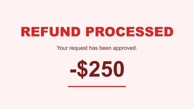 Refund processed, animated text, approval message, refund amount, -$125, -$250, symbolizing financial transactions, business operations, seamless loop
