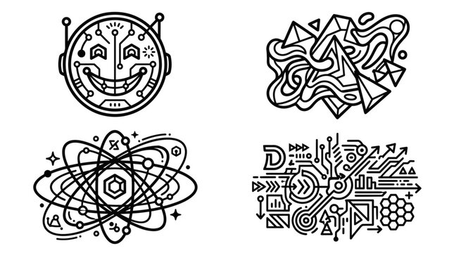 Abstract Technology Icons: Robot, Brain, Atom, Circuit