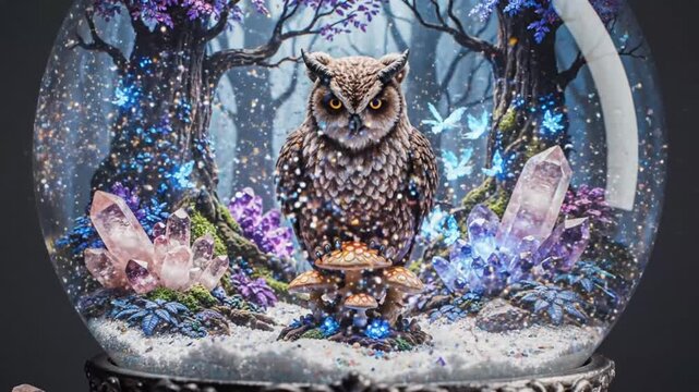 Snow Globe Featuring A Regal Horned Owl Perched Upon Woodland Mushrooms Surrounded By Glowing Purple Crystals And Whimsical Magical Forest Elements