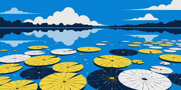 Yellow and white lily pads floating on a serene blue pond with a clear sky and distant trees water surface water plants water body pond life water environment water habitat water ecosystem