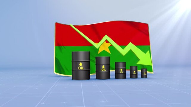 Burkina Faso Crude Oil Price Drop with Oil Barrels Downward Green Arrow and 3D Financial Data Visualization Graphs for Economy and Business Concept