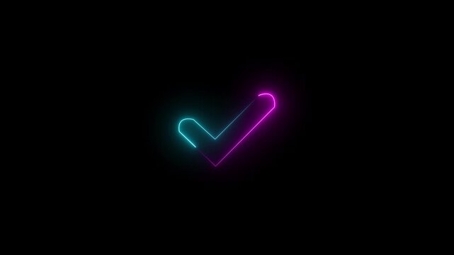 Neon glowing blue and violet color tick mark icon animation on black background. 4k animation video
