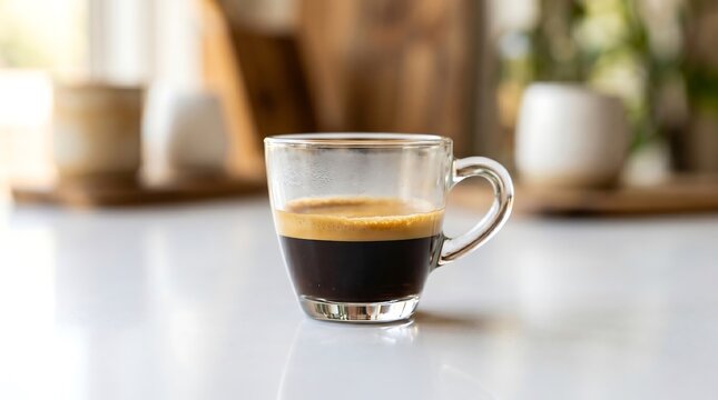 Freshly brewed espresso coffee in small glass cup on bright white surface with espresso caffeine beverage caffeinated breakfast lifestyle enjoyment transparent interior background minimalist