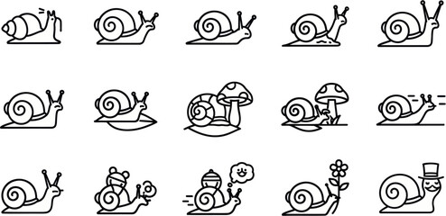 Snails are shown in various scenes with plants and objects in a natural setting from a side viewpoint. © uzumaki