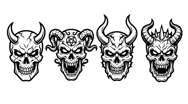 Four Demonic Skulls with Horns and Symbols