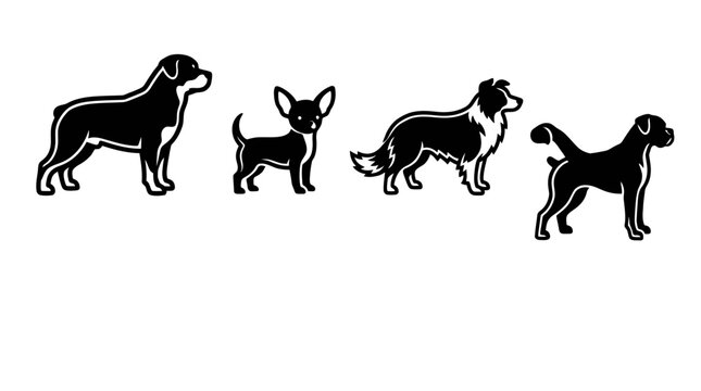 Diverse Dog Breeds Silhouettes: Rottweiler, Chihuahua, Border Collie, Boxer