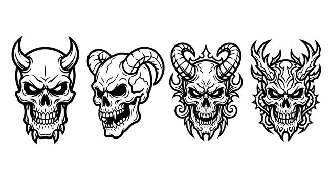 Set of 4 Scary Demon Skull Illustrations with Horns