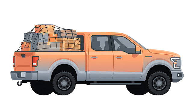 Orange pickup truck with a cargo bed filled with wooden crates and boxes, secured by a black net, isolated on a white background, for logistics