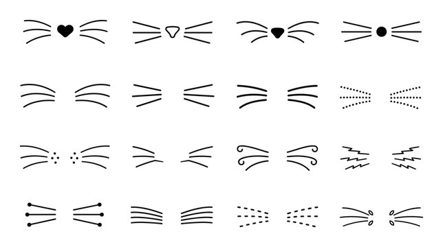 Black hand drawn cat whiskers and noses set featuring various cute animal snout elements, hand-drawn vector illustrations for creative design, masks, and photo booth props