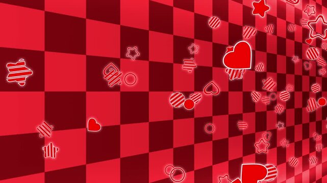 Red Checkered Background with Floating Hearts and Stars Loop Animation