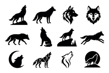 Obraz premium Wolf silhouettes in various poses including howling, running, standing, and head profiles, perfect for wild animal logos, tattoos, and graphic design elements