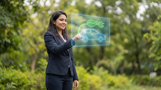 Eco-Friendly Tech India Concept: Modern Indian Woman Interacting with Electric Car and Green Leaf Hologram in Bright Outdoor Setting