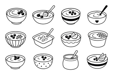 Fototapeta premium Yogurt bowl line art icon set featuring various healthy breakfast bowls with berries, fruit slices, granola, and spoons in a minimalist doodle style
