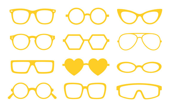 Yellow glasses frames in various shapes and styles including round cat eye aviator and heart designs for fashion and optical concepts