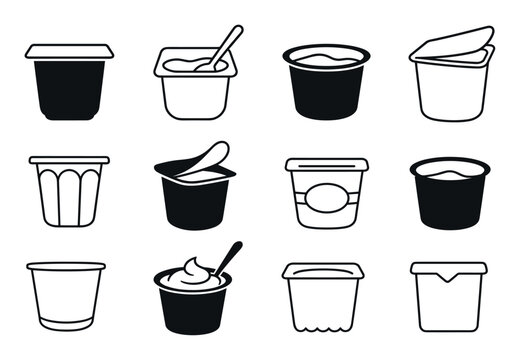 Yogurt cup icons and pudding container vector set featuring various plastic packaging designs with lids, spoons, and open foil covers for dairy products