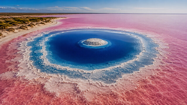 Drone pink salt lake with tiered blue circular sinkhole