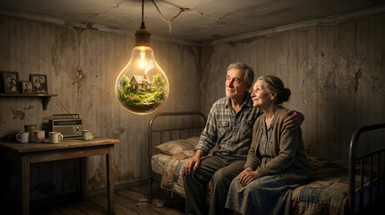 Obraz premium Home Sweet Home Inside Hanging Bulb – Emotional Poor Room Scene with Couple Watching Miniature Dream World