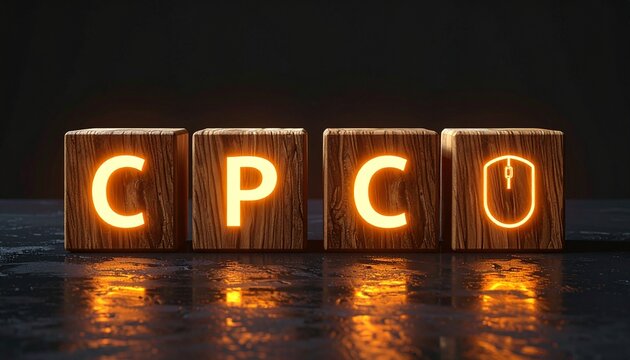 Glowing CPC Text and Mouse Click Icon on Wooden Blocks &ndash; Cost Per Click, Paid Advertising, Digital Marketing Strategy, and Pay Per Click Campaign Concept