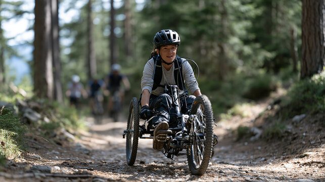 Outdoor adaptive cycling trail where a group of riders on hand cycles and standard bikes ride together through a forest path, inclusive recreation, adaptive sports community,