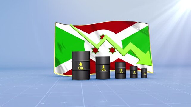 Burundi Crude Oil Price Drop with Oil Barrels Downward Green Arrow and 3D Financial Data Visualization Graphs for Economy and Business Concept