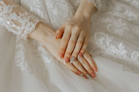 Elegant Bride's Hands with beatiful nails  Resting on Lace Wedding Dress