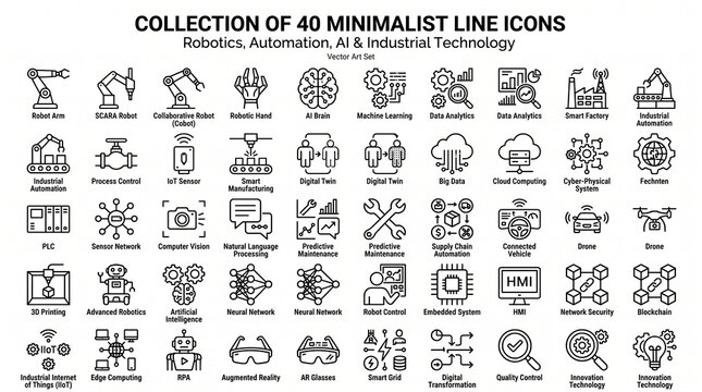 Collection of minimalist line icons illustrating robotics, automation, artificial intelligence, and industrial technology, symbolizing innovation, smart manufacturing, and digital transformation in mo