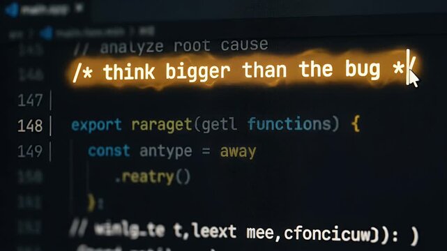 Think bigger than bug highlighted comment computer screen with programming code software development coding technology digital interface programming language developer work software debugging analysis