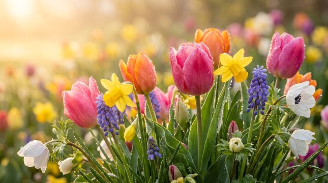 Spring flower bed with tulips and daffodils in golden hour sunlight daffodils colorful sunlight botanical outdoors sunshine beautiful landscape gardening environment daylight springtime