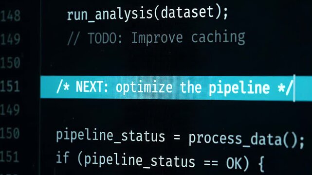 Optimize pipeline code comment on computer screen with programming script data process software development coding workflow cursor pointer analysis function debugging syntax interface monitor