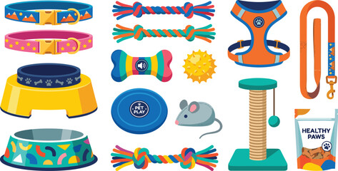 Flat Vector Dog and Cat Pet Supplies Icon Set with Colorful Collars Harness Leash Food Bowls Toys Scratching Post and Treats Illustrations © Rubya