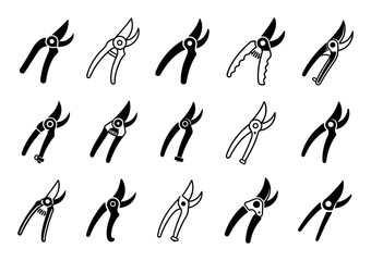 Naklejka premium Garden pruner icons set of secateurs shears for agricultural and horticultural work, featuring various designs of hand pruning shears and bypass clippers