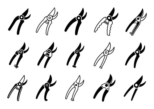 Garden pruner icons set of secateurs shears for agricultural and horticultural work, featuring various designs of hand pruning shears and bypass clippers