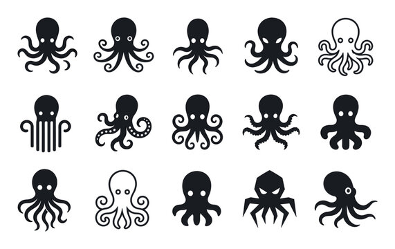 Black octopus vector icons depicting various marine creatures with tentacles in a minimalist flat design style for creative graphic projects