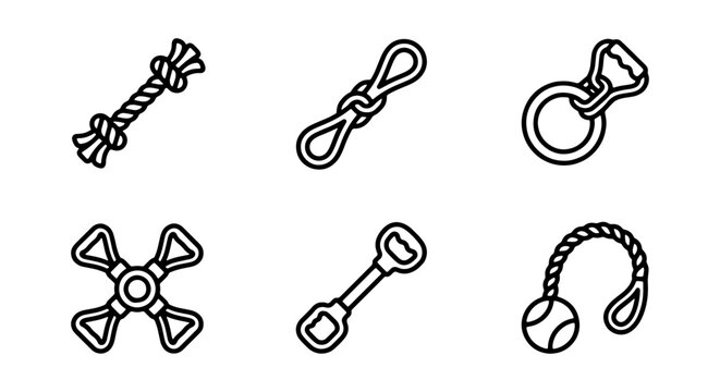 Dog Toy Icons: Rope, Chew, Fetch, Tug, Ball, Fidget Spinner Vectors