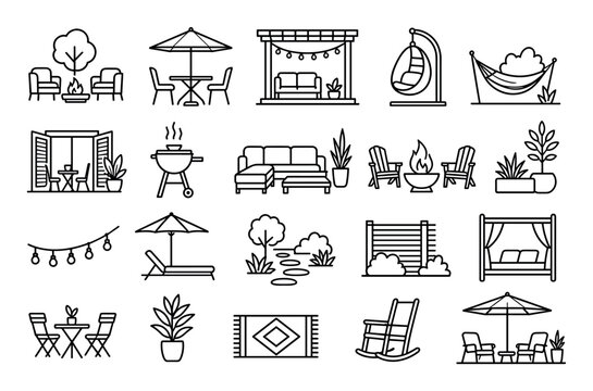 Outdoor furniture and garden line icon set featuring patio chairs, tables, umbrellas, barbecue grill, hammock, fire pit, and backyard landscaping elements for exterior design