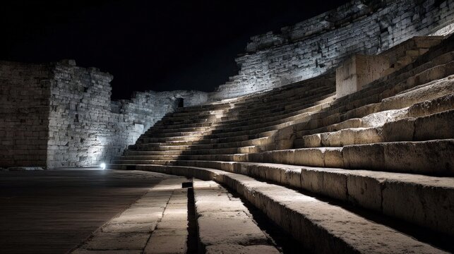 Ancient stone amphitheater at night