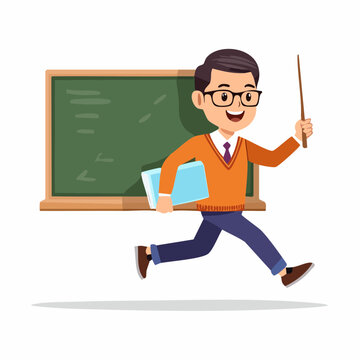 Cartoon Teacher Running with Pointer and Books