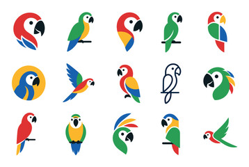 Obraz premium Colorful parrot logo icons and vector symbols featuring minimalist designs of macaws and tropical birds in various creative styles for branding and identity