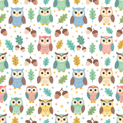 Fototapeta premium Seamless pattern of cute colorful owls, oak leaves, and acorns, nursery background for kids textile design