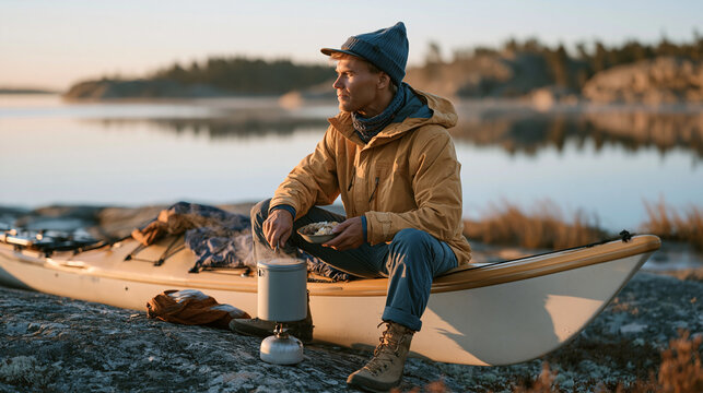 Kayak camper cooking breakfast on portable stove on flat rock above high tide line, sea kayak pulled above waterline, coastal island morning routine, salt air camping lifestyle,