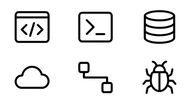 Software Development Icons: Code, Terminal, Database, Cloud, Network, Bug
