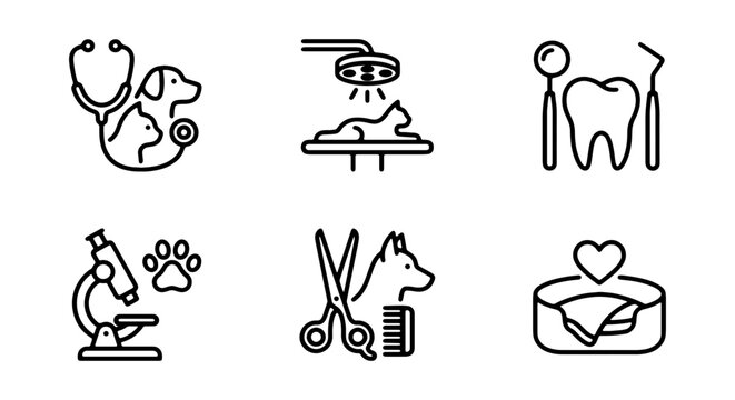 Veterinary Icons Set: Pet Care, Dental, Grooming, Lab, Clinic