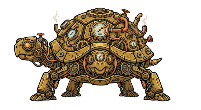 Steampunk mechanical tortoise with gears and clockwork details