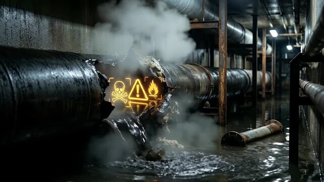 Leaking broken pipe industrial corridor with toxic hazardous warning signs steam water flooding floor metal structures dimly lit environment damaged pipe underground tunnel hazardous waste spilling