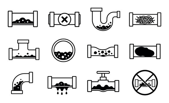 Plumbing pipe clog icons showing drainage blockage and sewer system problems such as grease buildup, hair obstruction, leaks, and sediment accumulation