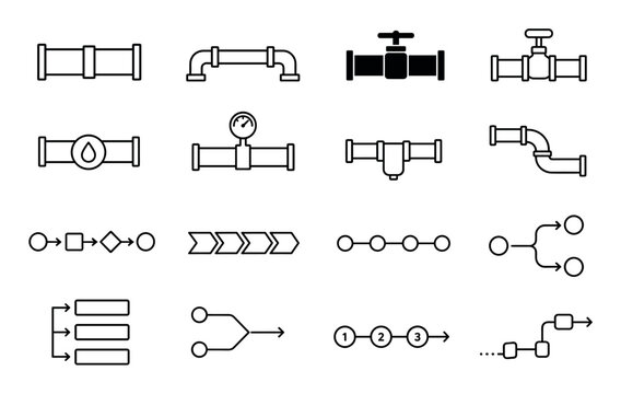 Industrial pipe icons and process flowchart symbols representing plumbing systems, pipeline connections, workflow diagrams, step-by-step sequences, and data flow structures