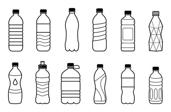 Plastic bottle line art icons representing various shapes of water and beverage containers for recycling and packaging design