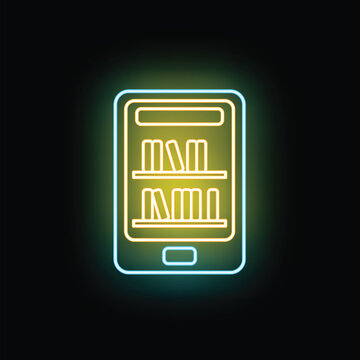 Portable device displaying virtual bookshelf with books glow in neon light