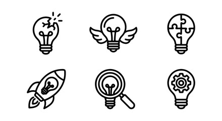 Naklejka premium Lightbulb Idea Icons: Innovation, Creativity, Solution, Discovery, Strategy, Success