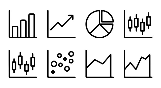 Business Analytics Icons: Bar, Line, Pie, Candlestick Charts, Scatter Plot, Growth Trends